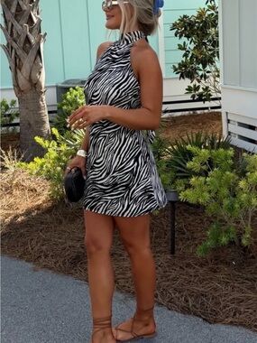 Zebra Halter Mini Dress - Black & White
